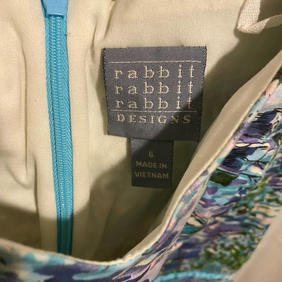 Rabbit Designs Watercolor Lake House Scenery Print Sheath Dress w/ Sash Green 6 - Picture 6 of 6